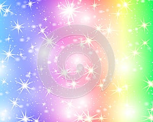 Glitter star rainbow background. Starry sky in pastel color. Bright mermaid pattern. Unicorn colorful stars.