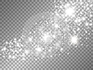 Glitter wave with silver light effect. Sparkling trail with white stars and stardust. Glowing comet with silver