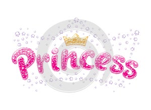 Glitter words Princess. Drawing for kids clothes, t-shirts, fabrics or packaging. Pink text with sparkles