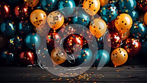 Glittered Gala of Chromatic Balloons. Lustrous balloons in teal, gold, and crimson, adorned with reflective confetti, set against