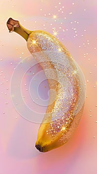 Glittered gold banana on pink background