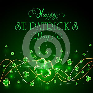 Glittering clover leaves on green Patricks Day background