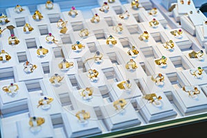 Glittering Diamond Rings on Display in High-End Jewelry Store