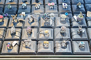 Glittering Diamond Rings on Display in High-End Jewelry Store