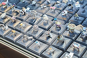 Glittering Diamond Rings on Display in High-End Jewelry Store