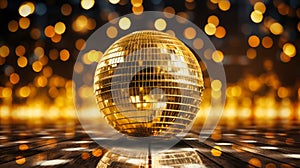 Glittering disco ball reflecting golden light beams on the dance floor, creating a dazzling spectacle and festive atmosphere