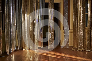 glittering foil curtains in doorway, no attendees