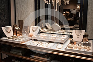 a glittering and glamorous jewelry display featuring delicate necklaces, dainty bracelets and elegant earrings