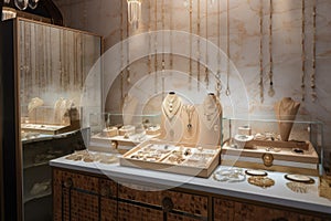 a glittering and glamorous jewelry display featuring delicate necklaces, dainty bracelets and elegant earrings