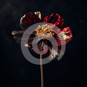Glittering Gold And Red Flower On Dark Background: A Festive Vray Tracing Inspired By Found Objects
