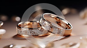 Glittering gold wedding rings on sparkling background, perfect bridal jewelry for memorable moments