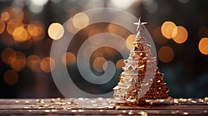 Glittering golden Christmas tree atmospherically staged on a wooden background with bokeh background.