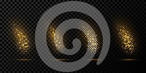 Glittering golden halftone elements for graphic design. Abstract shapes from sparkling dots on transparent background. Glowing