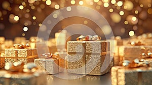 Glittering holiday background adorned with radiant gold gift boxes, featuring a captivating gold gradient with mesmerizing bokeh