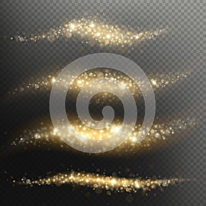 Glittering shimmer particles light trace for Christmas or New Year holiday. Golden glitter confetti wave overlay effect