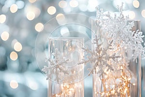 Glittering snowflake ornament on christmas tree with bokeh lights in winter wonderland setting