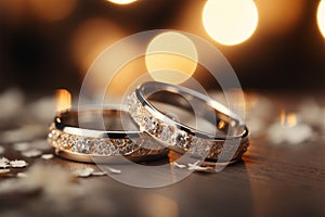 Glittering vows Silver and gold wedding rings on bokeh background