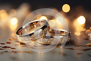 Glittering vows Silver and gold wedding rings on bokeh background