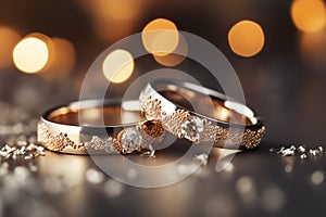 Glittering vows Silver and gold wedding rings on bokeh background