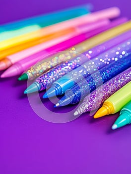 Glittery Gel Pens Rainbow Array Vibrant colorful gel pens with sparkling glitter tips Creativity artistry fun writing and photo