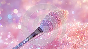 Sparkling Glitter Makeup Brush on Pink Bokeh Background