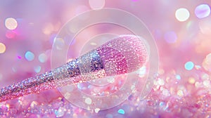 Sparkling Pink Makeup Brush with Bokeh Lights, Aesthetic Beauty Tool