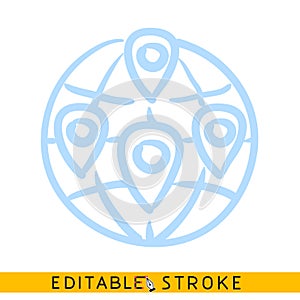 Glob with geo location pins icon. Line doodle sketch. Editable stroke icon photo