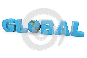 GLOBAL 3d text. Earth globe replacing letter O.