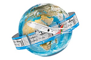 Global Air Travel concept. Earth Globe with tickets around and airplane, 3D rendering