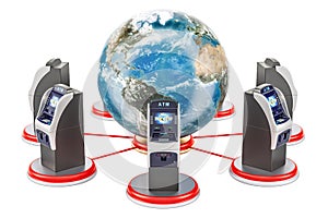 Global banking service concept, ATMs around the Earth Globe, 3D