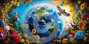 Global Biodiversity: Earth\'s Floral and Faunal Harmony. Flowery and diverse world map with a variety of animals and plants. photo