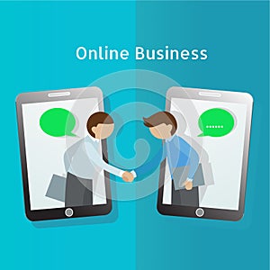 Global Business. Business man handshake through mobile phone. E-commerce concept. Flat vector illustration