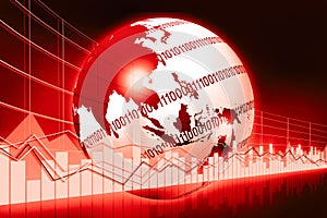 World map, business chart, binary code - red graphics