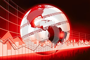 World map, business chart, binary code - red graphics