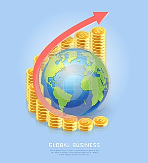 Global business concept background. Gold coin stack grown up with red arrow and globe
