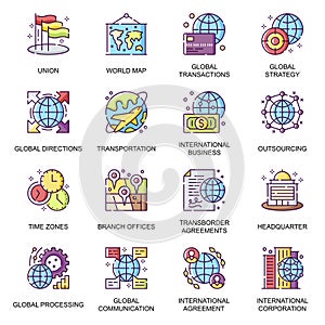 Global business flat icons set.