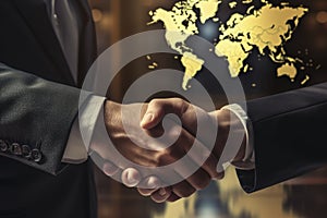 Global Business Handshake with World Map Background