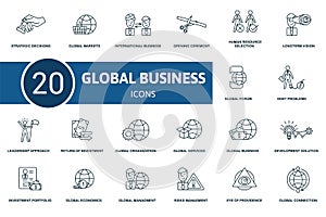 Global Business icon set. Collection contain global management, strategic decisions, leadership approach, global organization and