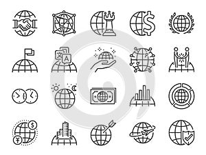 Global business line icon set. Included icons as world class, international, finance, cooperation, strategy and more.