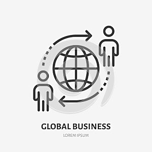 Global business line icon, vector pictogram of globe with businessman. Manager stroke sign for company team work