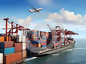 Global business logistic and transportation import export goods. Container cargo freight ship at international port