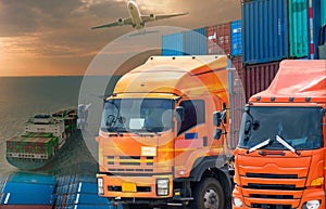 Global business logistic and transportation import export goods. Logistic container with trailer truck. Cargo plane flying.