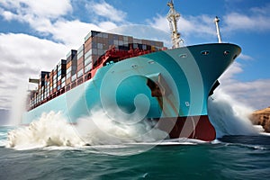 Global business logistics import-export cargo. A cargo ship with sea containers on board goes through the sea. Transportation of