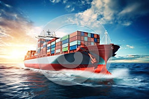 Global business logistics import-export cargo. A cargo ship with sea containers on board goes through the sea. Transportation of