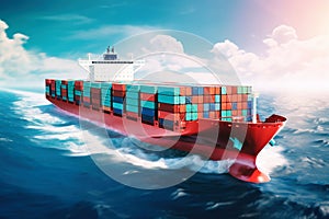 Global business logistics import-export cargo. A cargo ship with sea containers on board goes through the sea. Transportation of