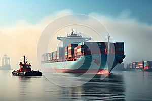 .Global business logistics import-export cargo. Cargo ship with sea containers on board in the port. Transportation of goods