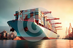 Global business logistics import-export cargo. Cargo ship with sea containers on board in the port. Transportation of goods across