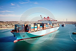 Global business logistics import-export cargo. Cargo ship with sea containers on board in the port. Transportation of goods across