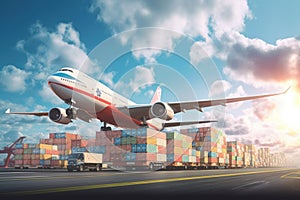 Global business logistics import export concept airplane truck train ship container Generative AI