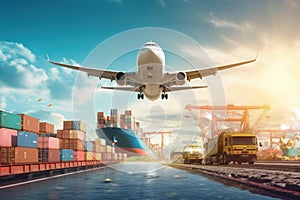 Global business logistics import export concept airplane truck train ship container Generative AI